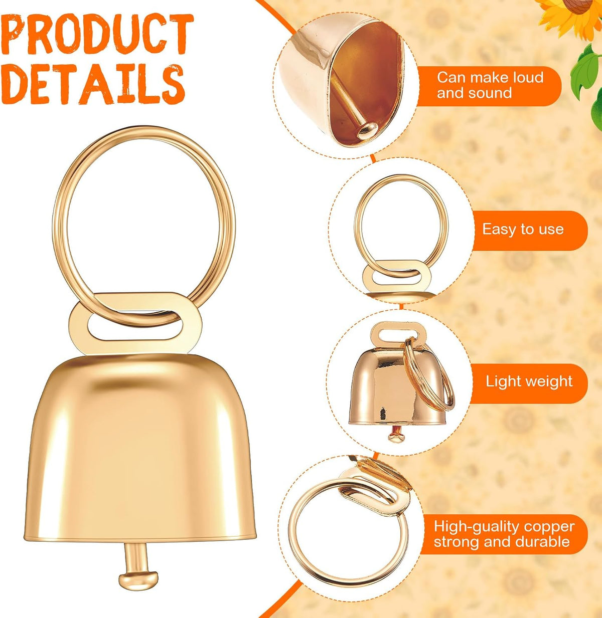Talltalk yellow sunflower pattern animal collar displaying the welded bronze bell assembly
