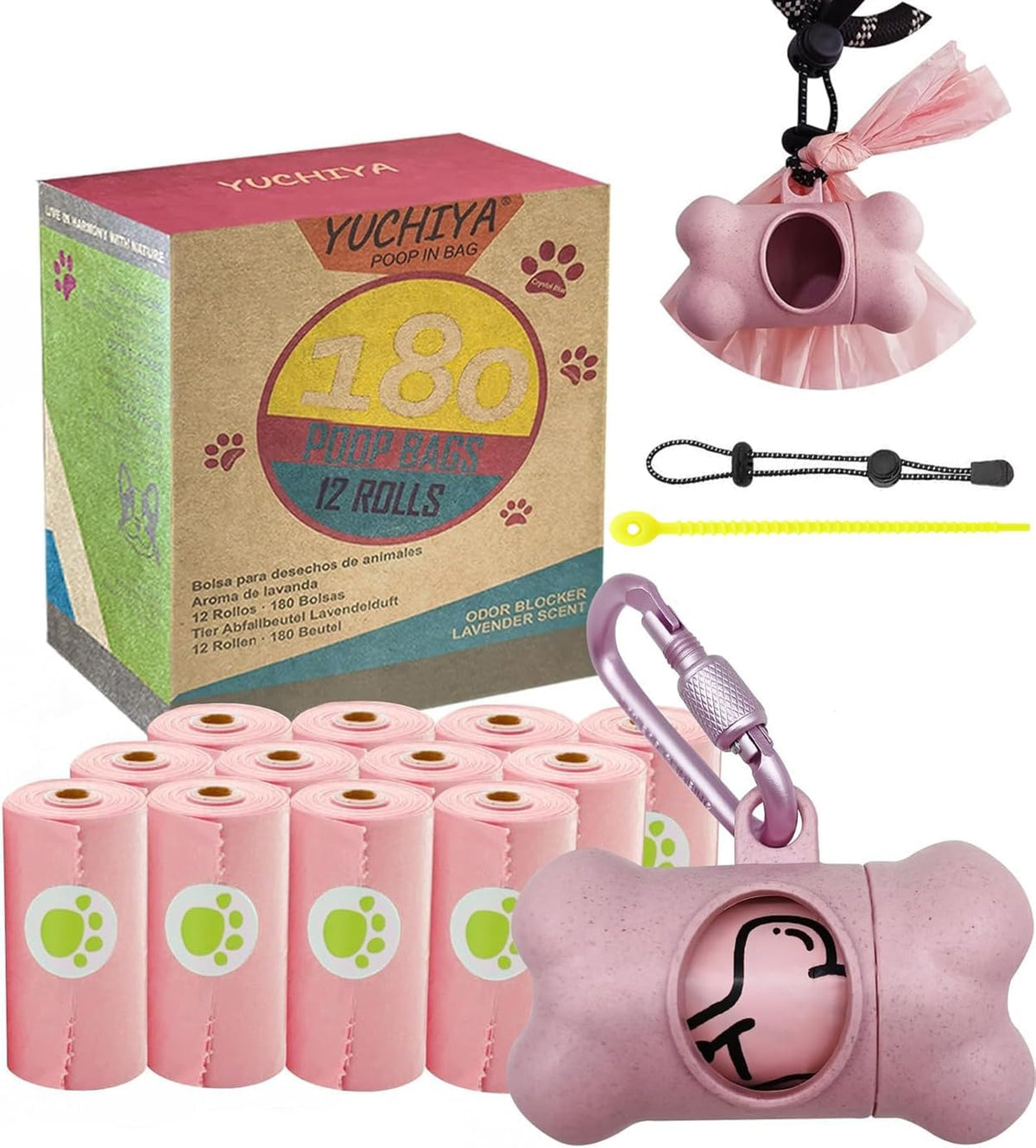 YUCHIYA pink dog poop bag holder with internal rotating shaft