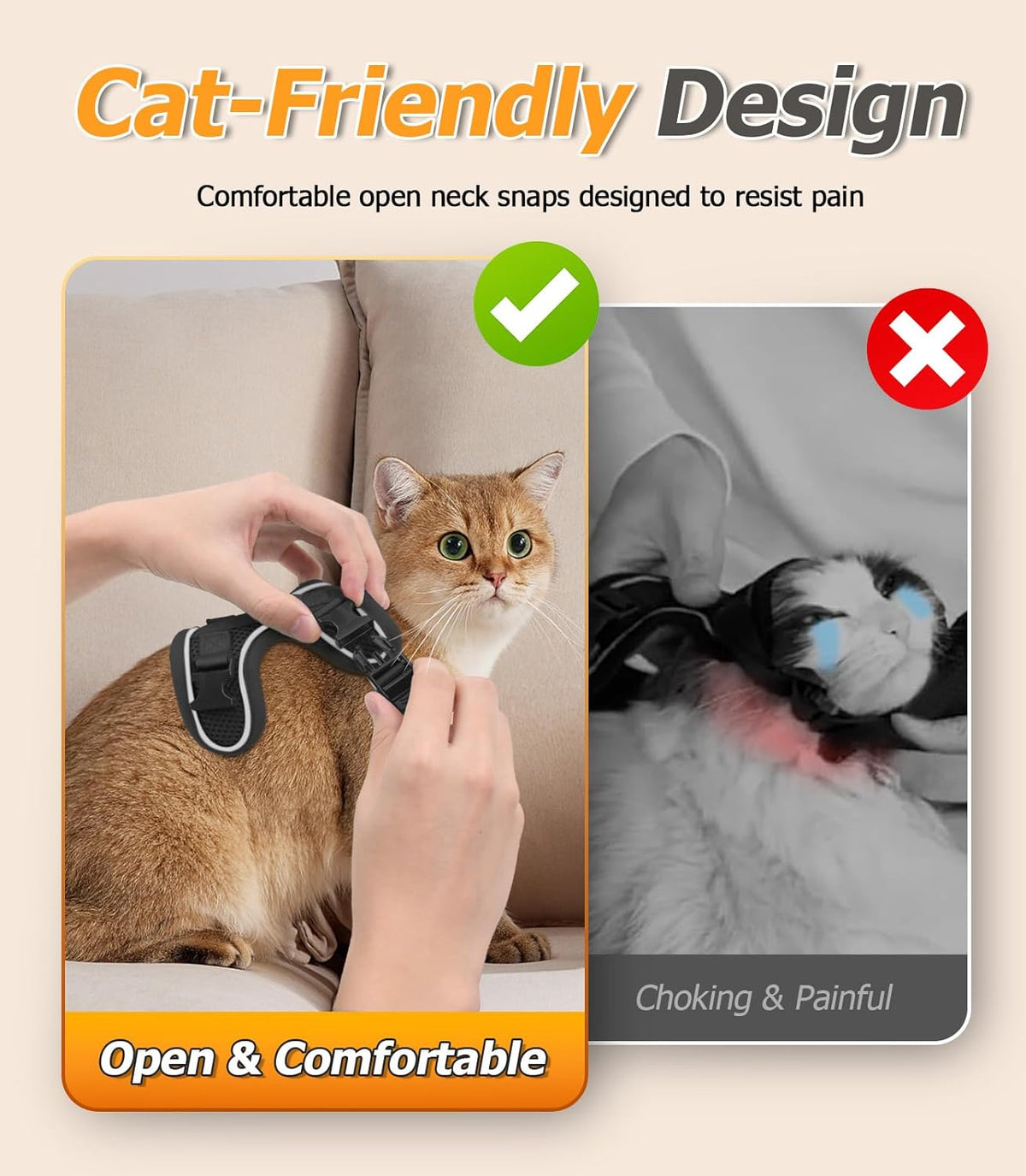 Choke free pet harness showing five pull dispersion points design