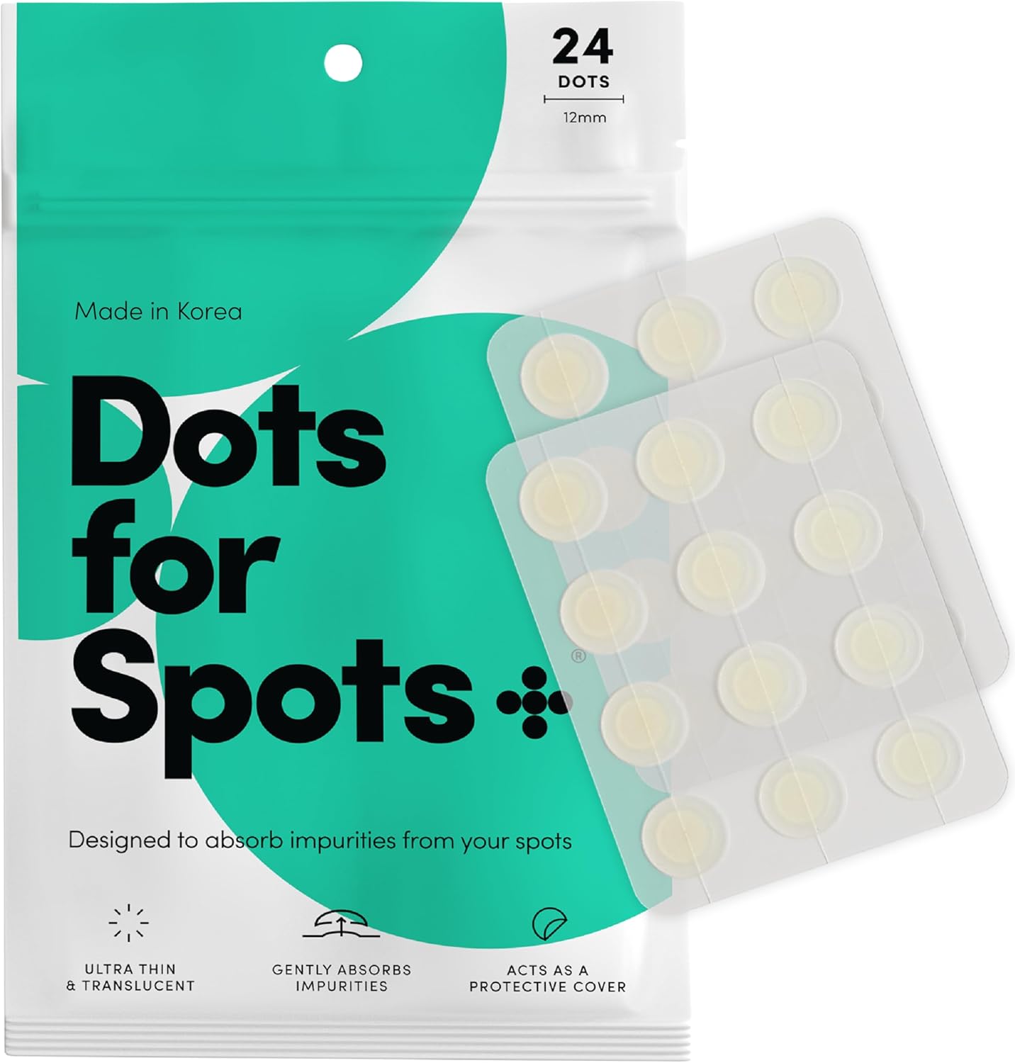 Dots for Spots Pimple Patches front view packaging showing the twenty-four count hydrocolloid sheets.