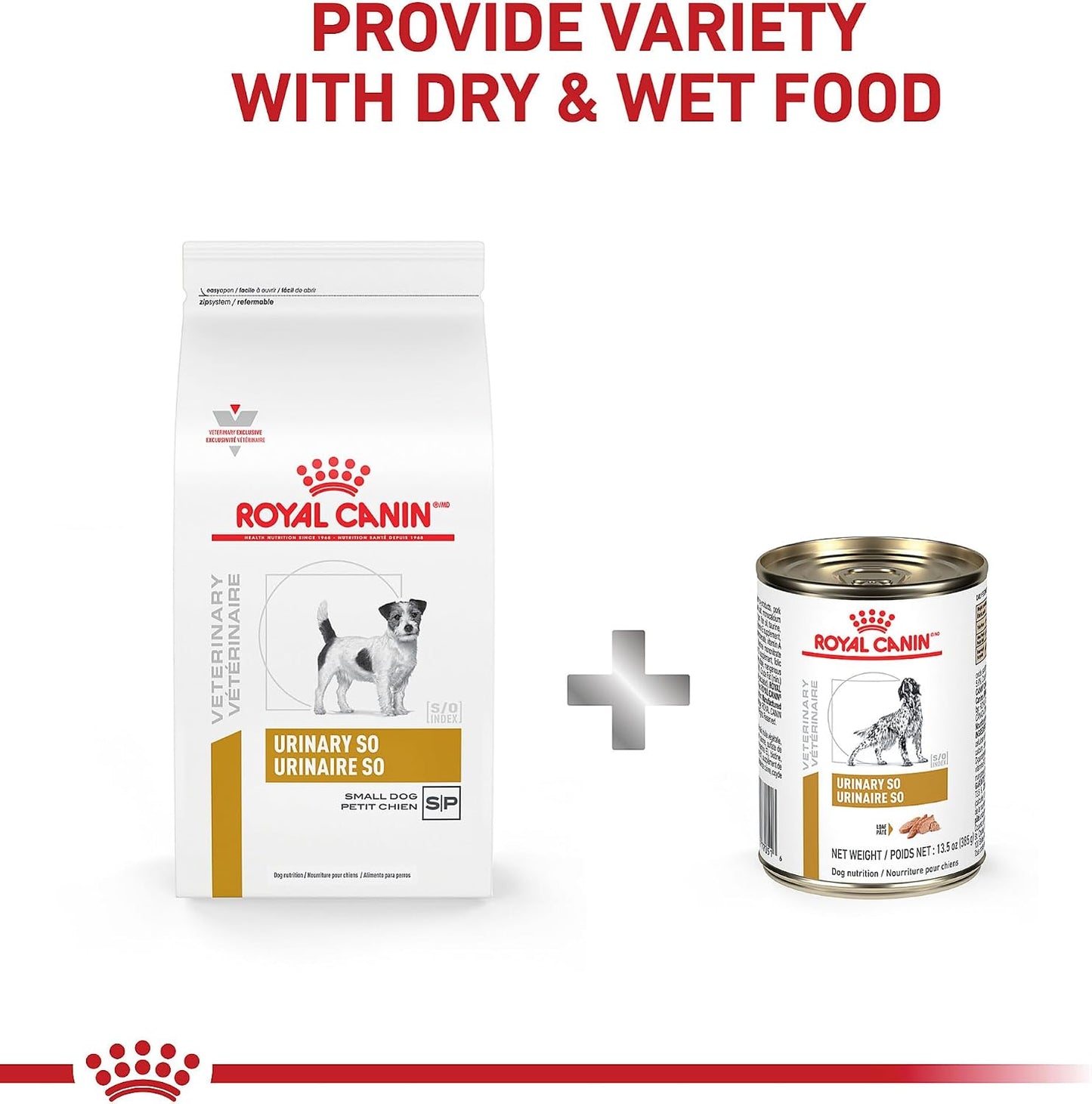 Side view of the 8.8 lb Royal Canin Small Dog Urinary SO dry food bag outlining crystal prevention features