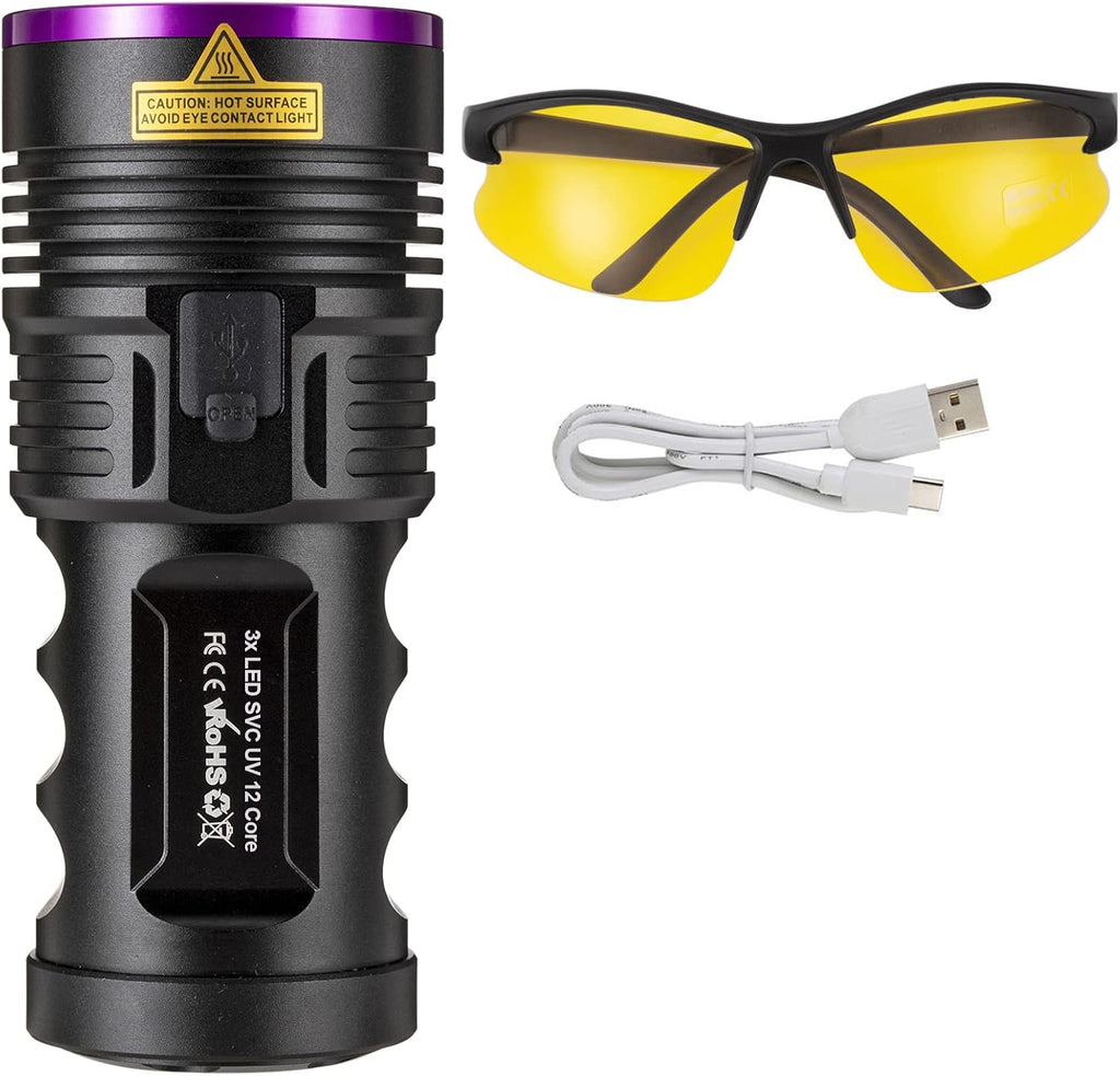 Professional 365 nanometer UV flashlight beam illuminating fluorescent substances accurately.