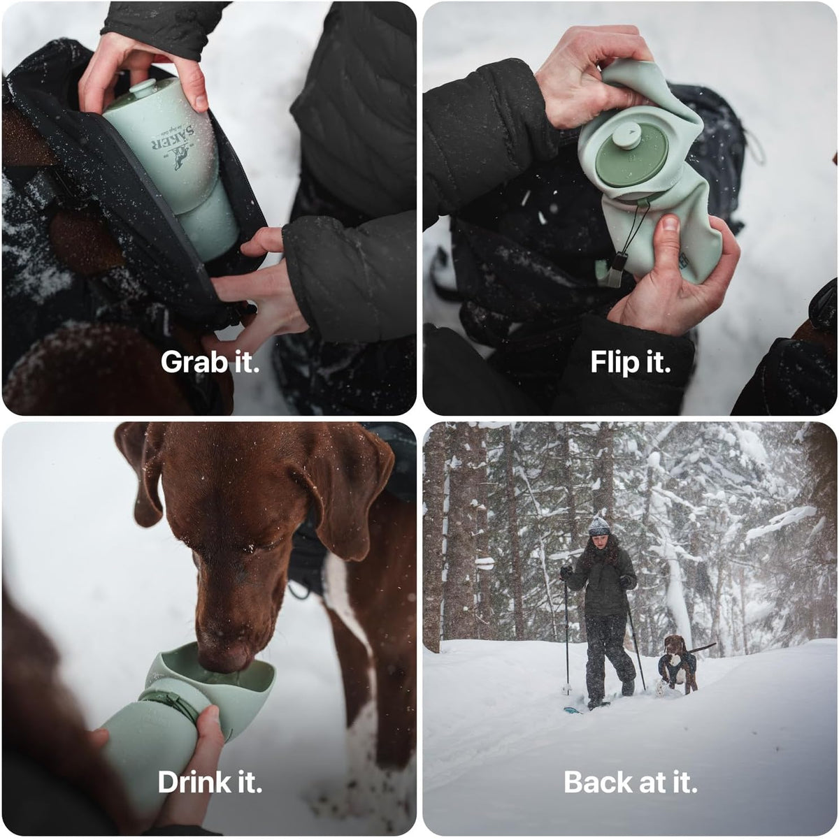 SÃ¤ker dog water bottle being squeezed to fill the integrated dog bowl attachment