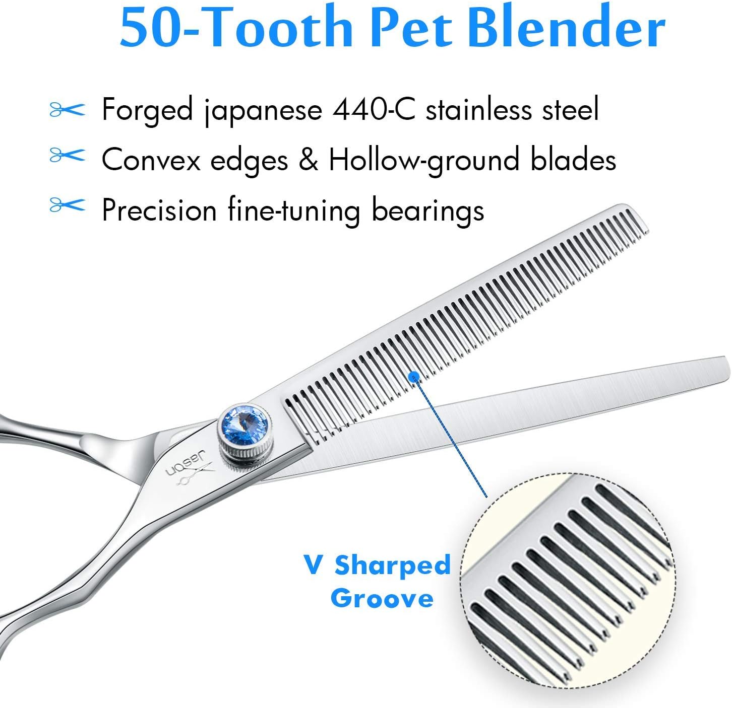 JASON dog grooming chunker shear featuring ergonomic offset handle and finger rest.