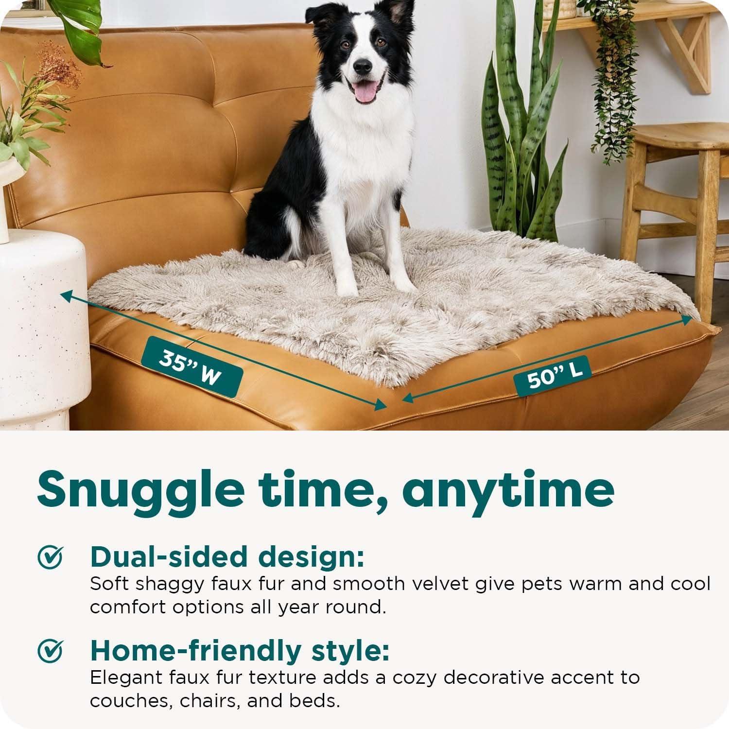 Driftwood color large dog blanket draped on a living room sofa