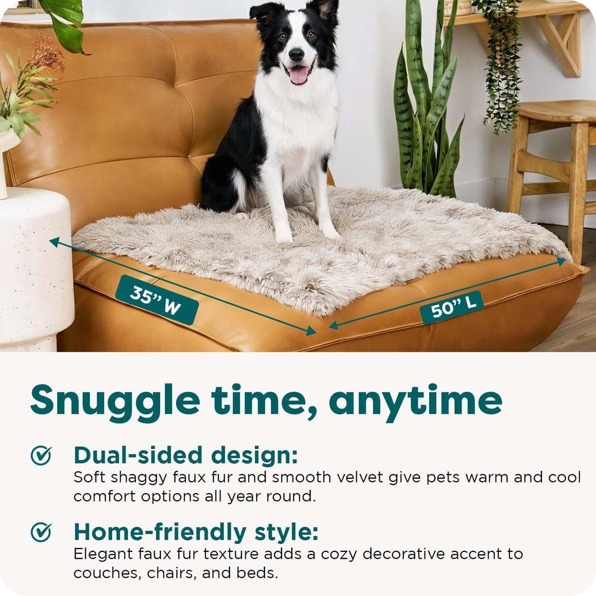 Driftwood color large dog blanket draped on a living room sofa