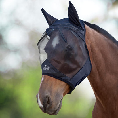 Back view of Harrison Howard horse fly mask showing secure fasteners