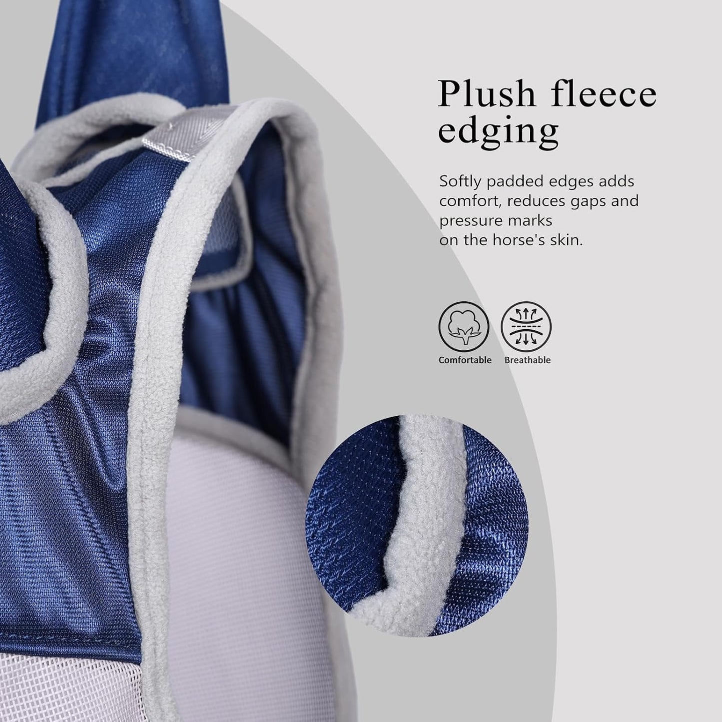 Harrison Howard navy fly mask showing UV protection mesh