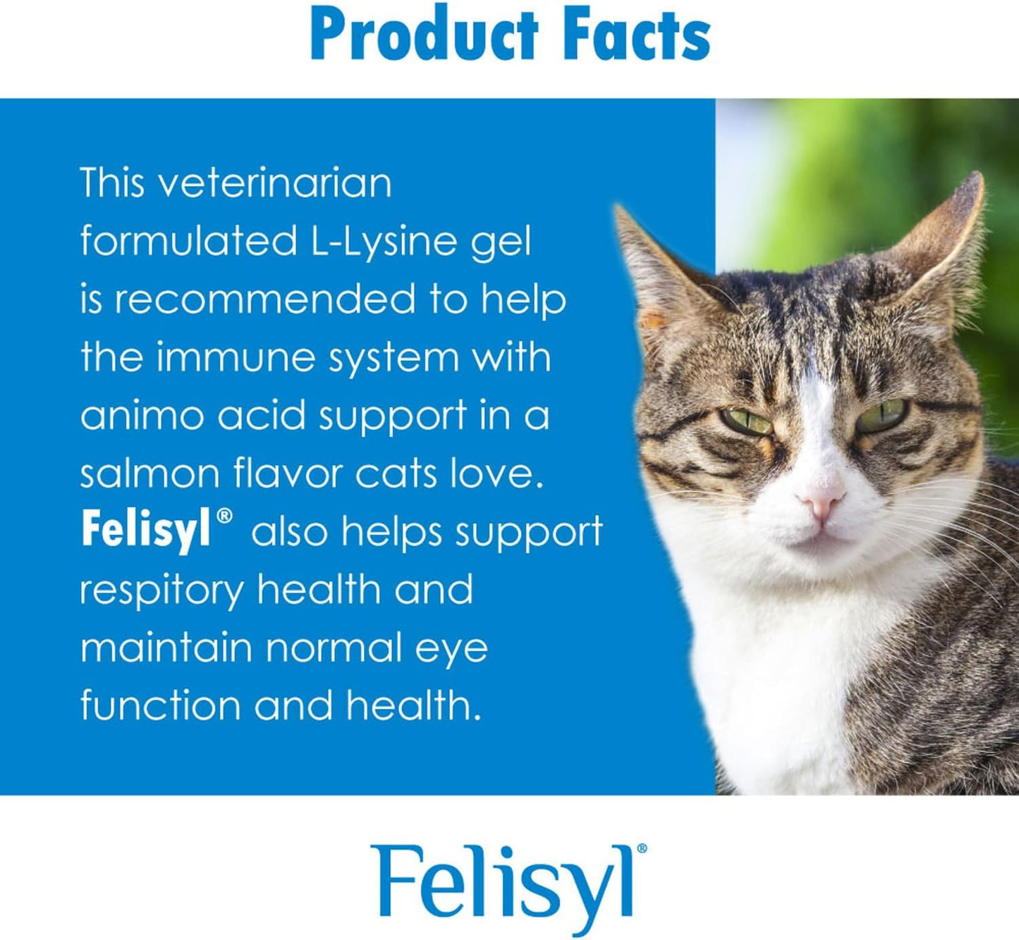 Felisyl L-Lysine feline supplement packaging highlighting benefits for runny nose.