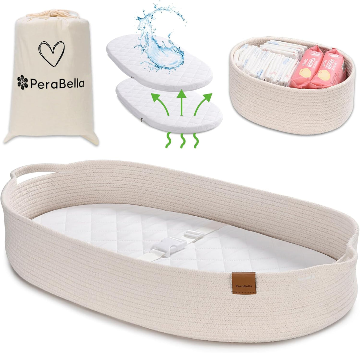PeraBella cotton rope baby changing basket front view on white dresser