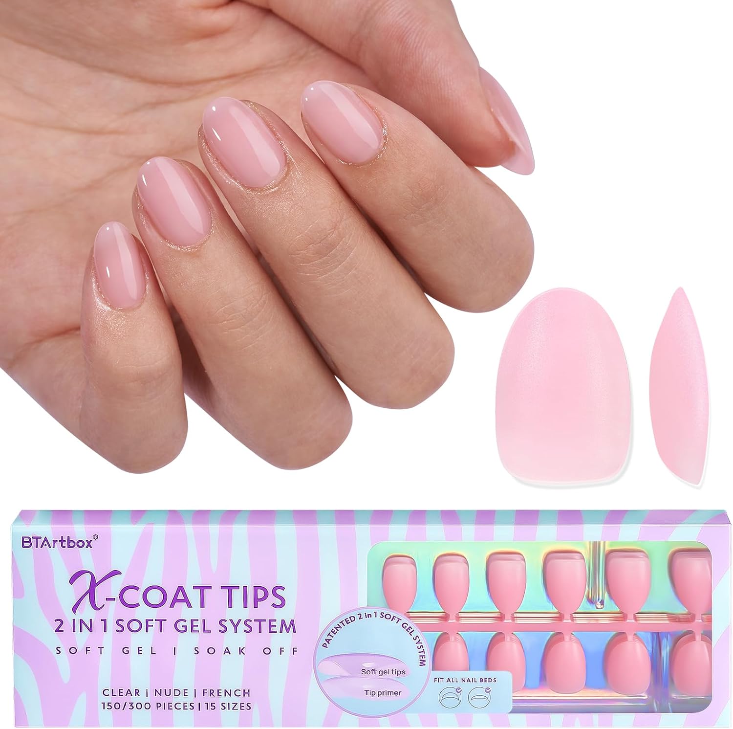 BTArtbox XCOATTIPS extra short almond matte gel nail extensions in soft pink acrylic nail extensions