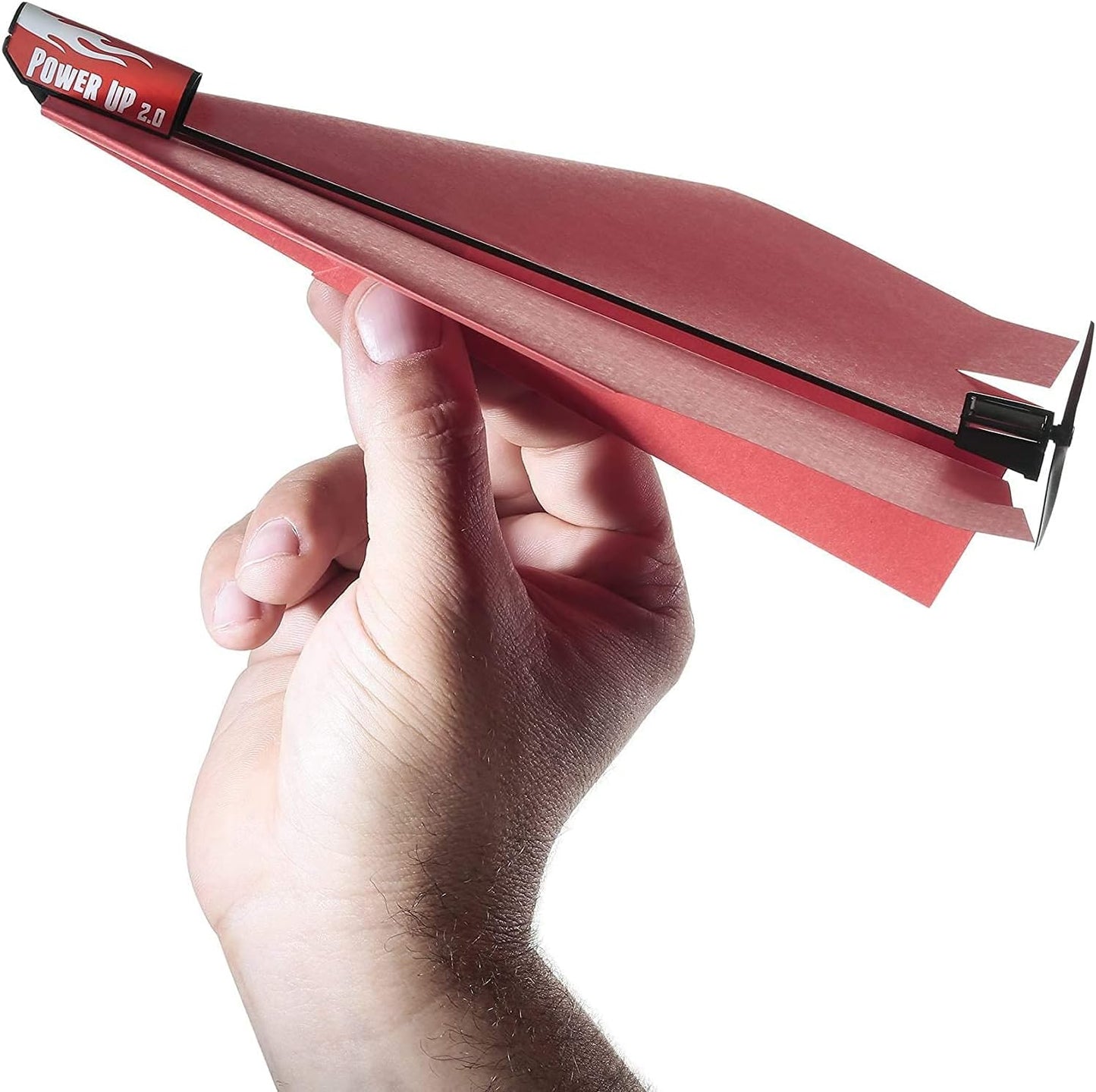 PowerUp 2.0 paper airplane conversion kit showing the front view of the electric motor module attached to a red paper plane.