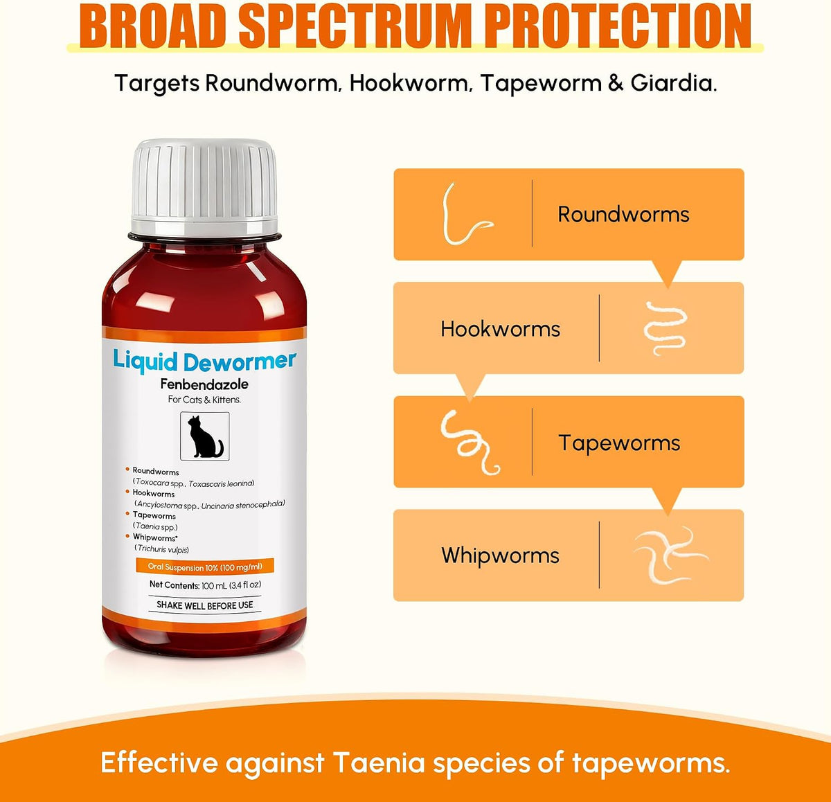 Broad spectrum liquid worm treatment for cats with dosing syringe accessory