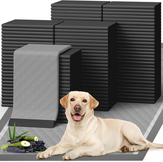 Powools Charcoal Puppy Pads front view of the one hundred pack packaging.