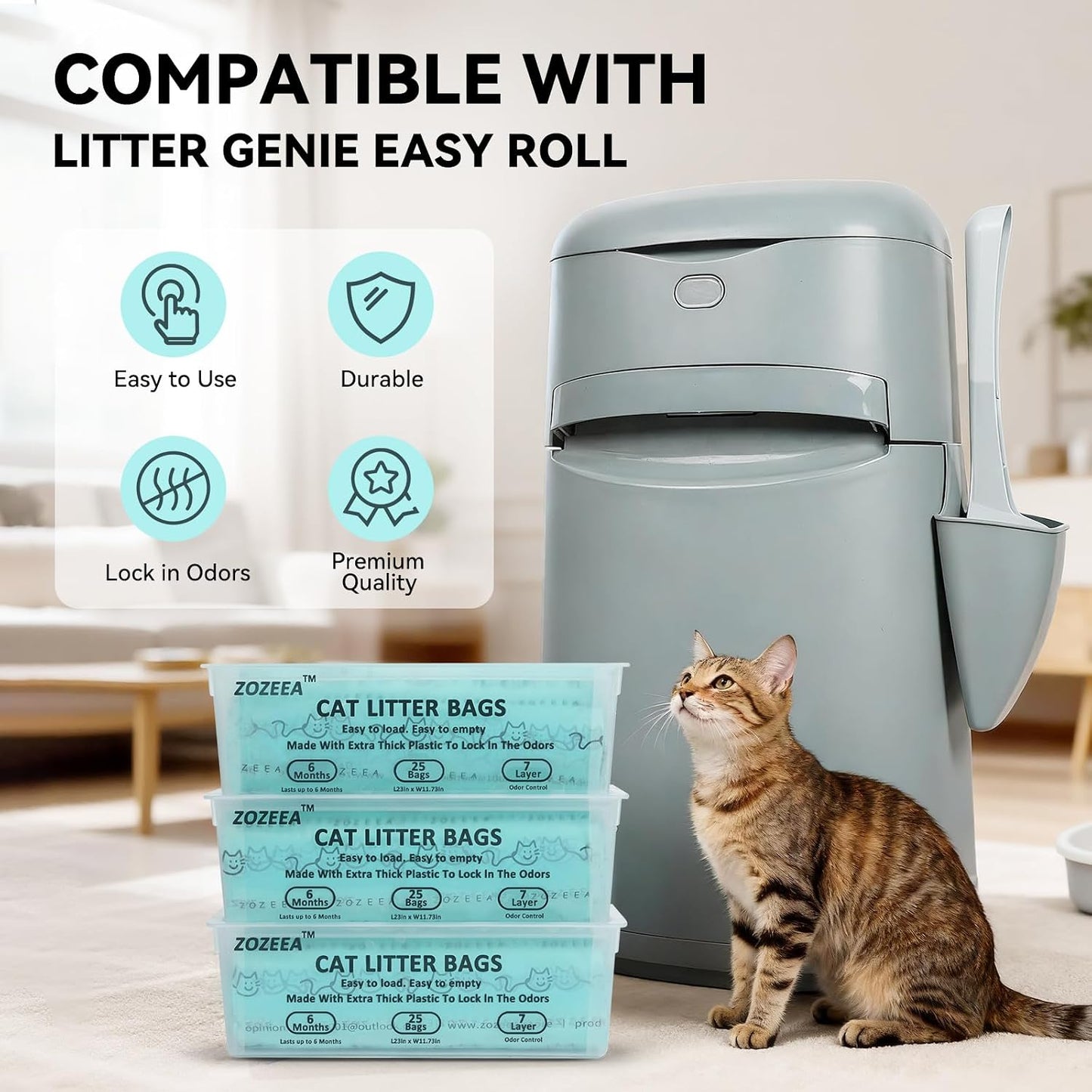 Tapered bottom cat litter bag being removed cleanly from a disposal pail