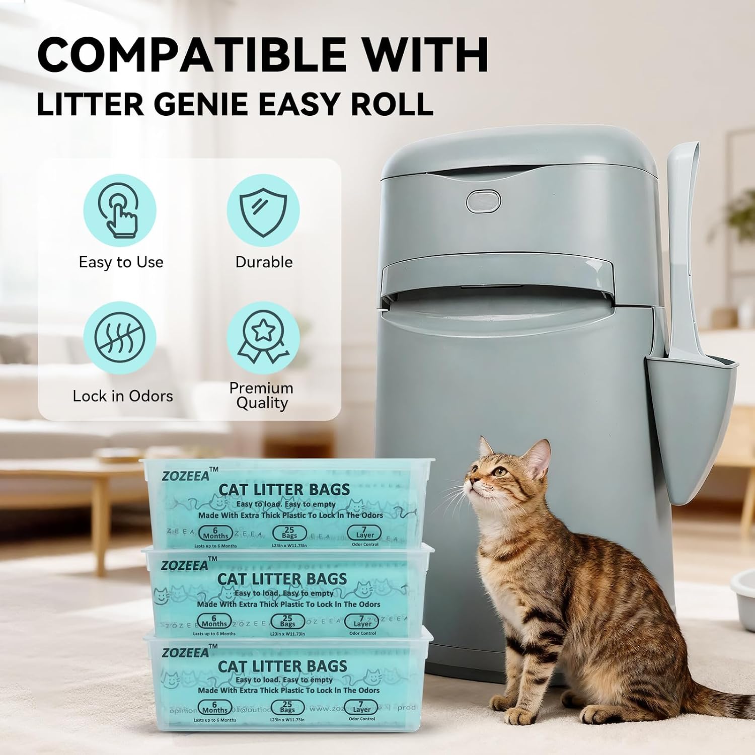 Tapered bottom cat litter bag being removed cleanly from a disposal pail