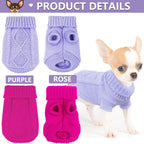 Chihuahua wearing a purple cable knit turtleneck pullover sweater