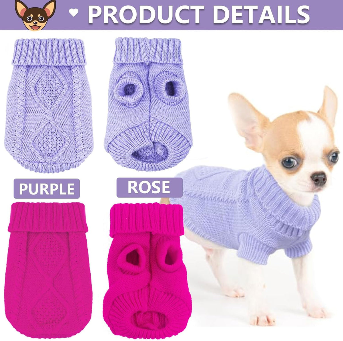 Chihuahua wearing a purple cable knit turtleneck pullover sweater