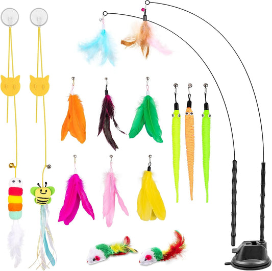 Depets interactive cat wand toy set containing fifteen pieces displayed on a flat surface