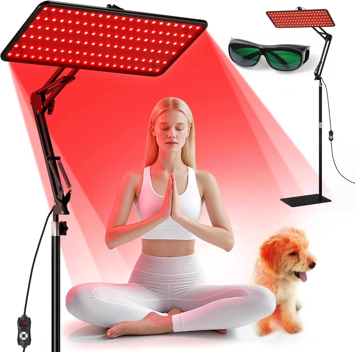 Morfone red light therapy lamp front view showcasing the large panel with one hundred and twenty premium LED beads for full body wellness.