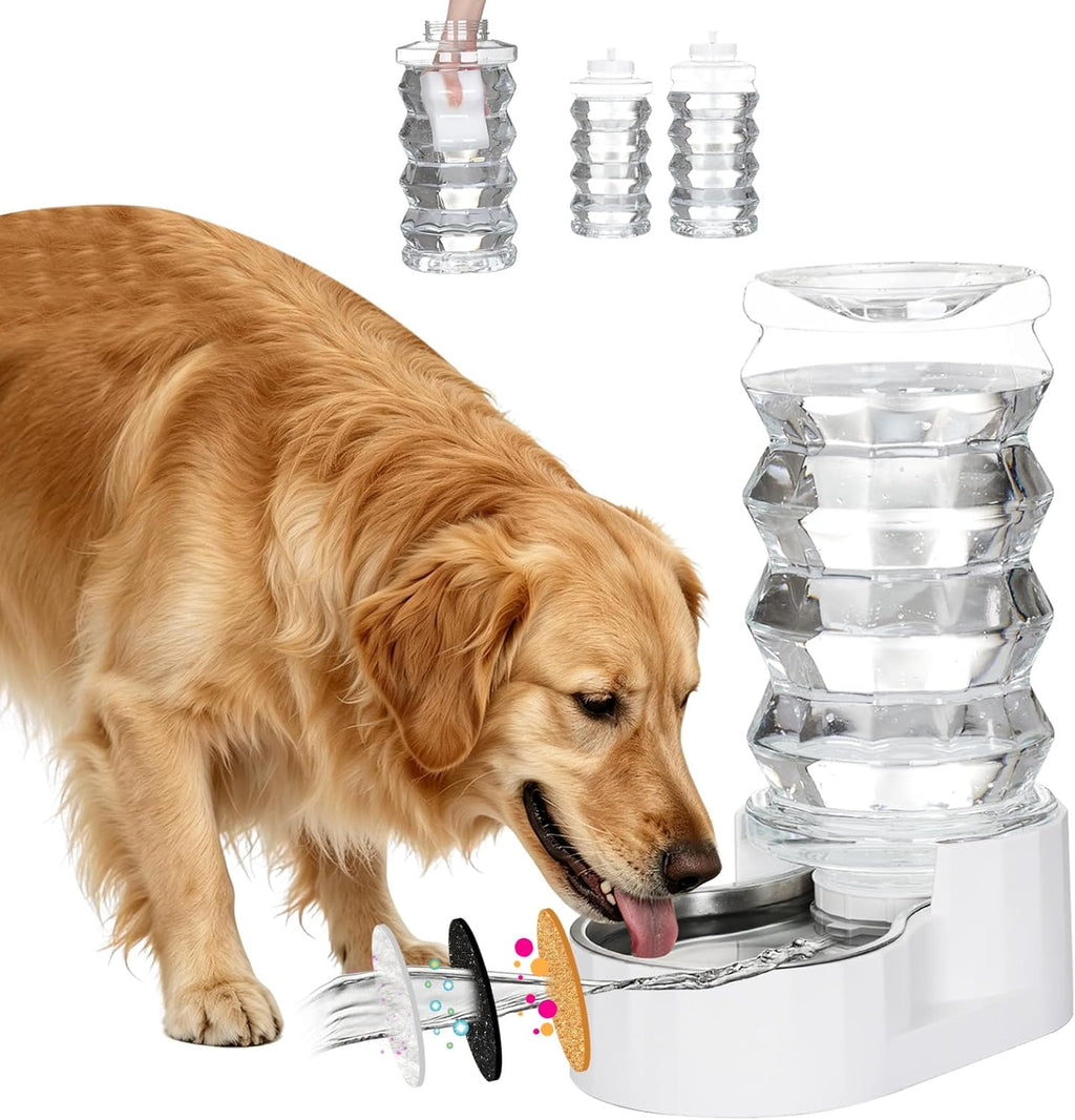 RIZZARI 8L Stainless Steel Gravity Pet Water Dispenser front view showing transparent tower and metal bowl