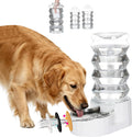 RIZZARI 8L Stainless Steel Gravity Pet Water Dispenser front view showing transparent tower and metal bowl