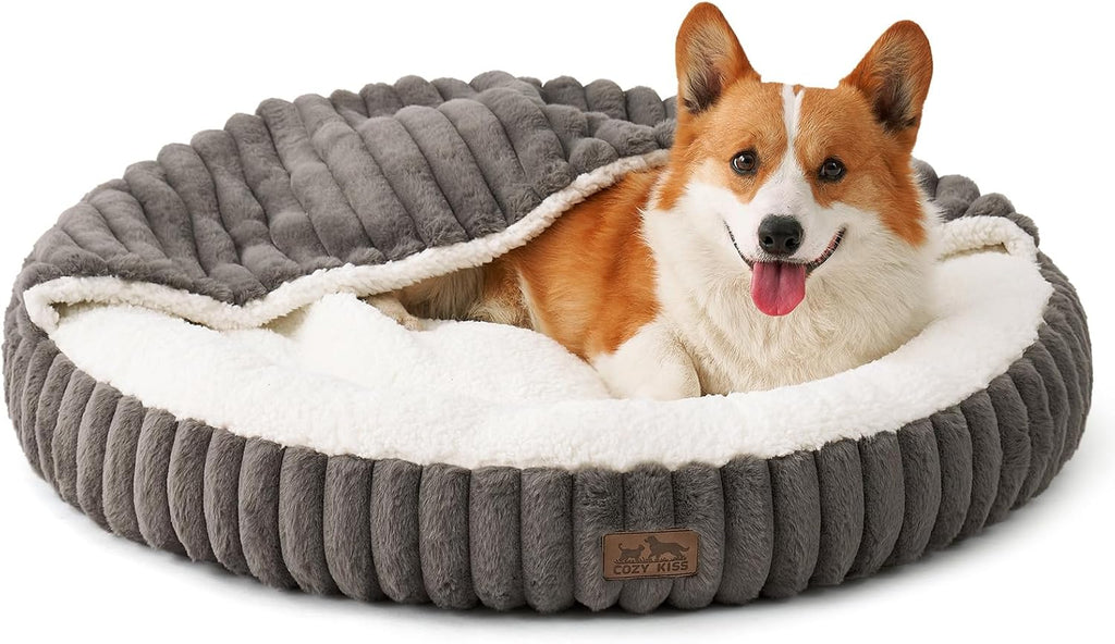 COZY KISS Hooded Blanket Cat Bed - 20"x20" Round Fluffy Donut Cuddler for Cats & Toy Dogs, Anti-Anxiety Faux Fur Pet Bed, Machine Washable with Non-Slip Bottom, Cream - Image 10