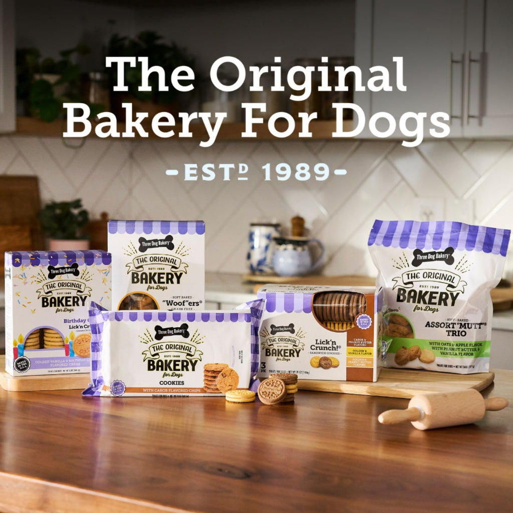 Authentic Three Dog Bakery peanut butter cookie treats ingredient label.