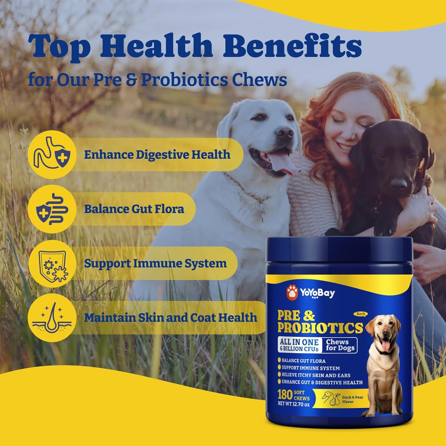 YoYoBay dog digestive health soft chews packaging showing duck and pear flavor