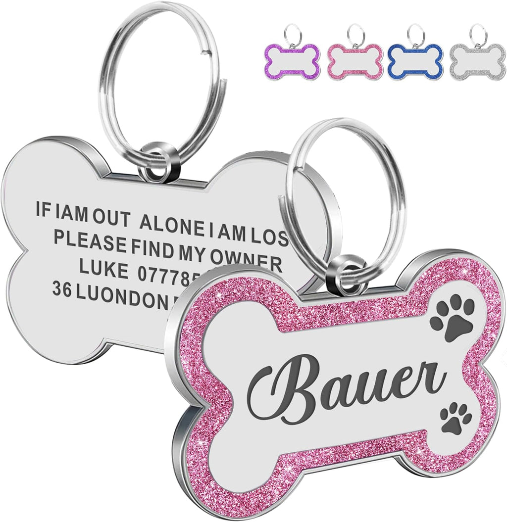 EDSG personalized dog tag front view showing engraved pet name on pink glitter bone