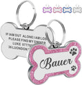 EDSG personalized dog tag front view showing engraved pet name on pink glitter bone