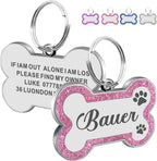 EDSG personalized dog tag front view showing engraved pet name on pink glitter bone