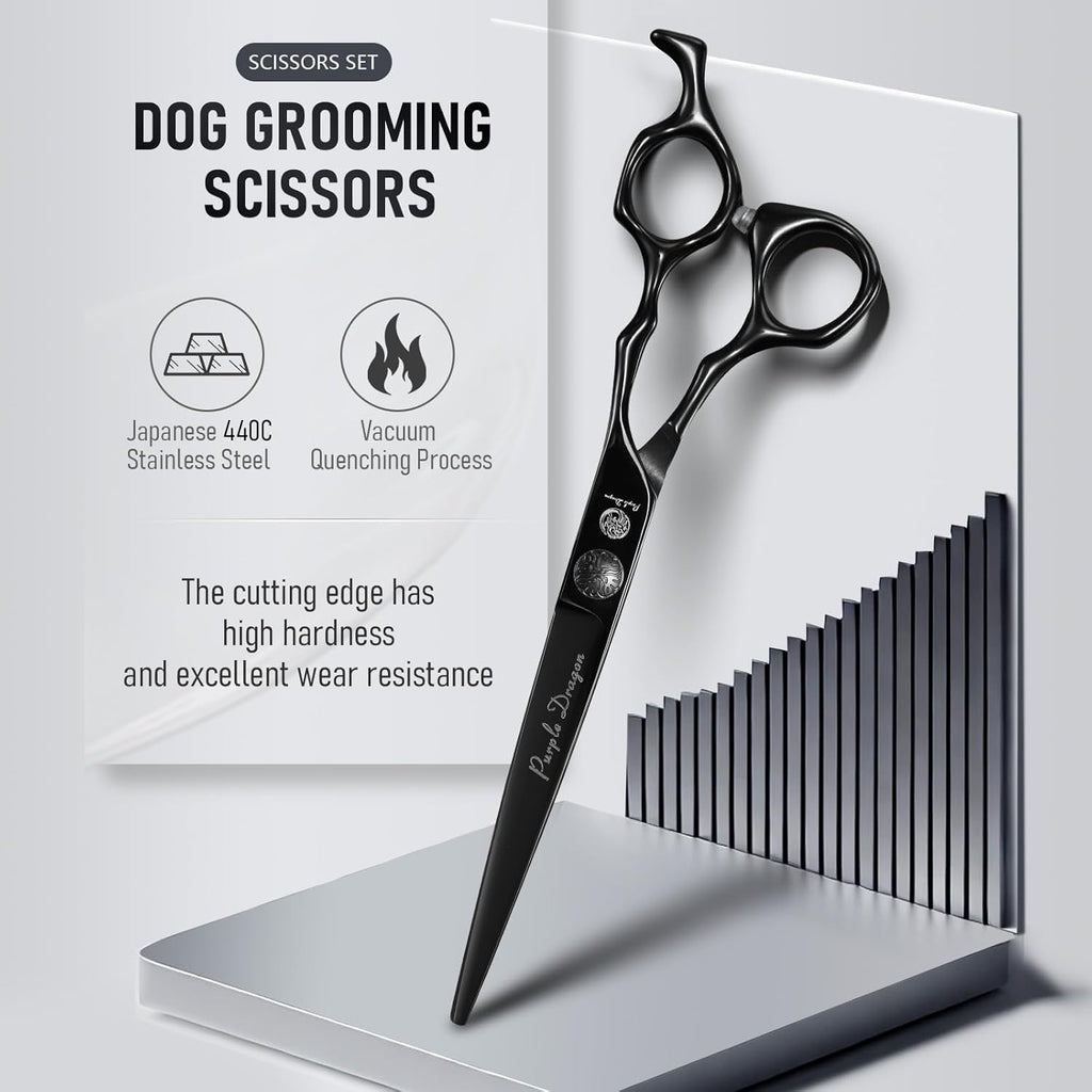 Purple Dragon straight grooming scissors alongside the steel pet comb.