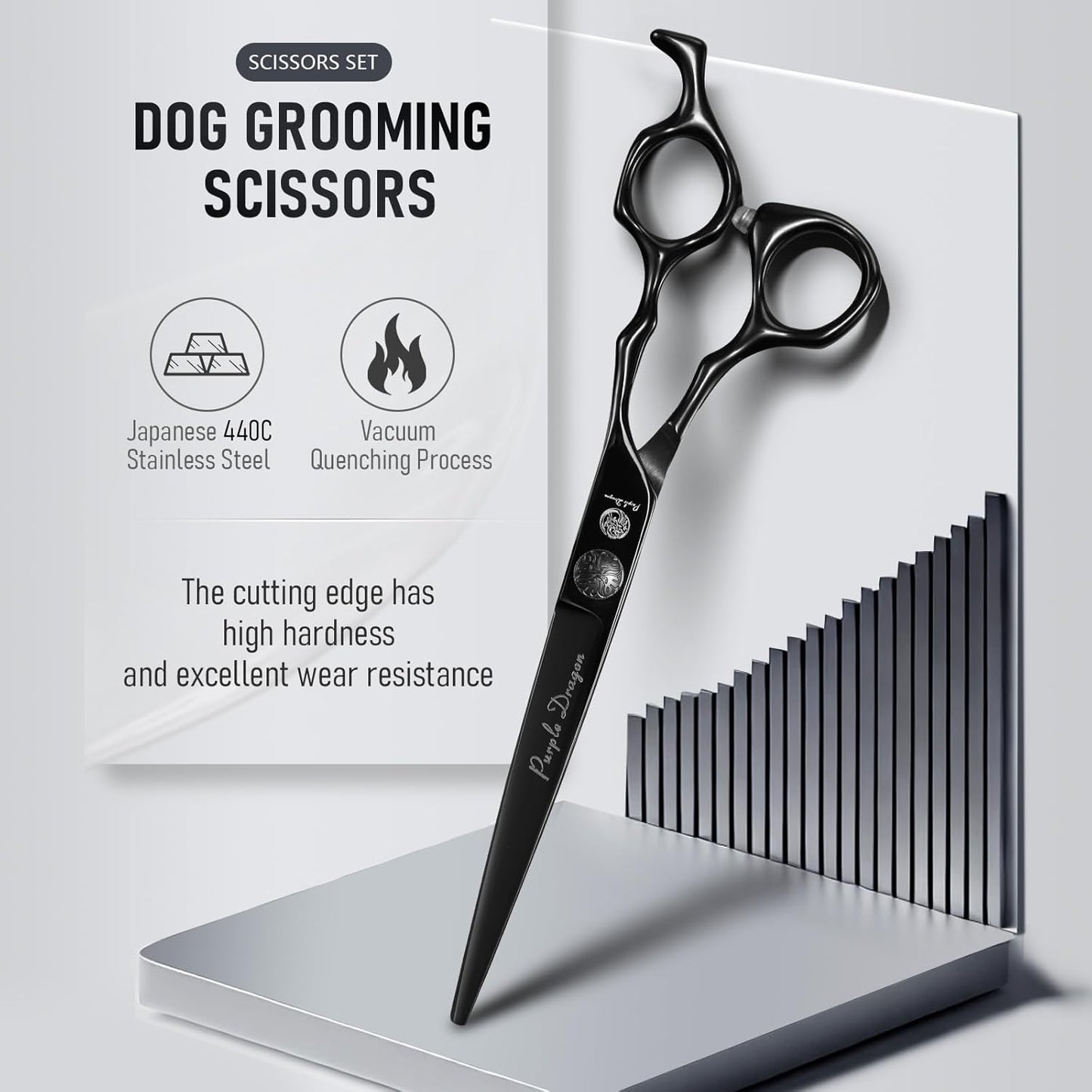 Purple Dragon straight grooming scissors alongside the steel pet comb.