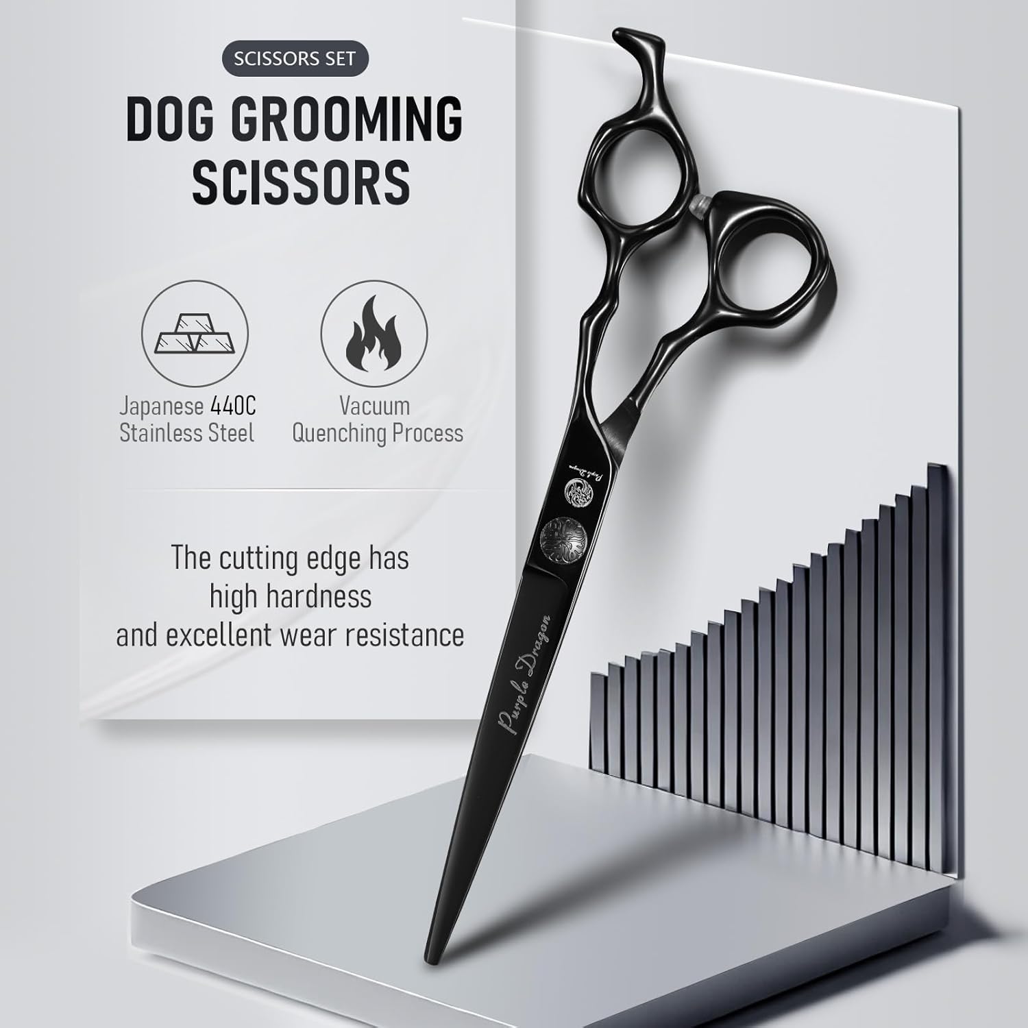 Purple Dragon straight grooming scissors alongside the steel pet comb.