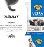 Low tracking clay granules shown outside and inside a clean litter box.