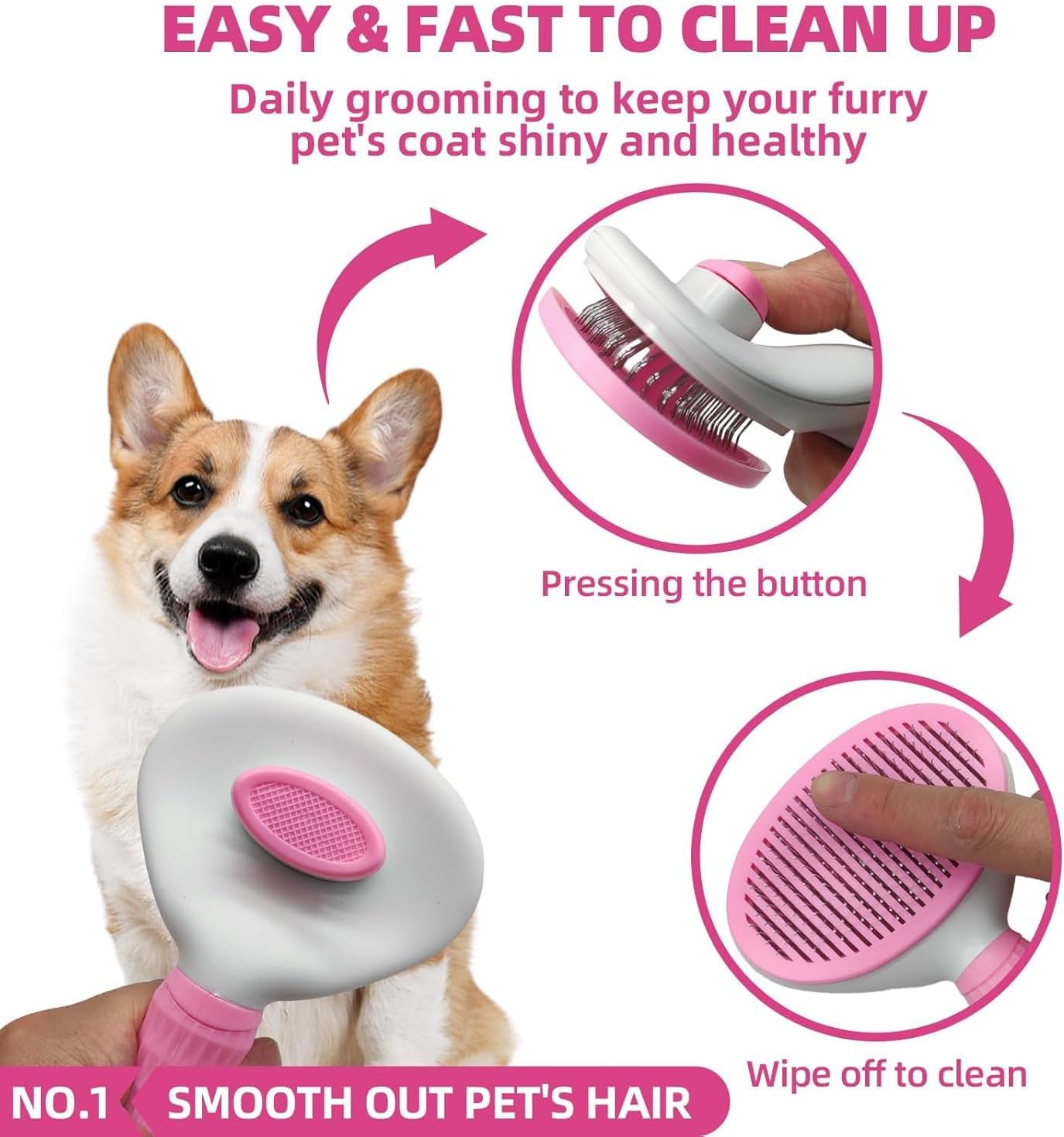 Self-cleaning slicker brush with retractable button for dog and cat deshedding.