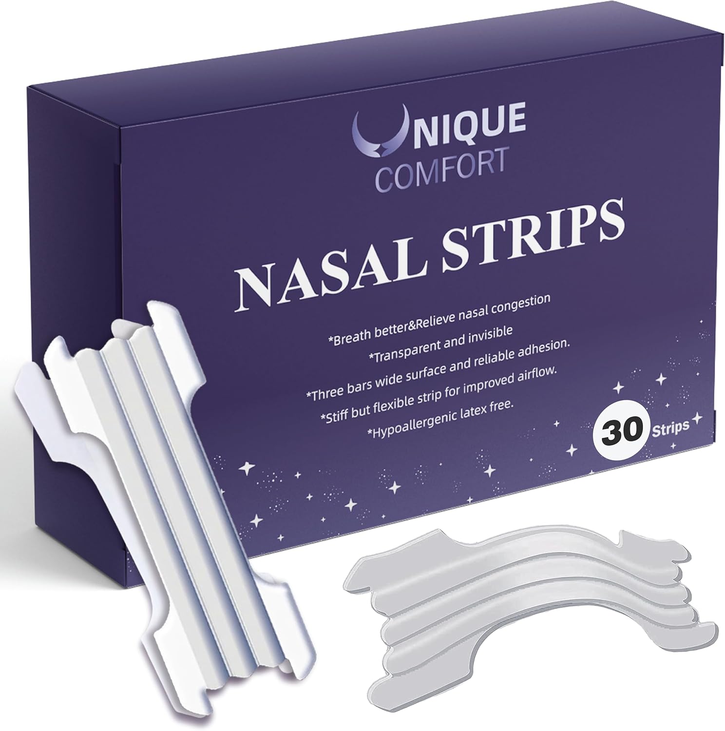 AWESOME Anti Snoring Nasal Strips 30 count front packaging view showing clear strips.