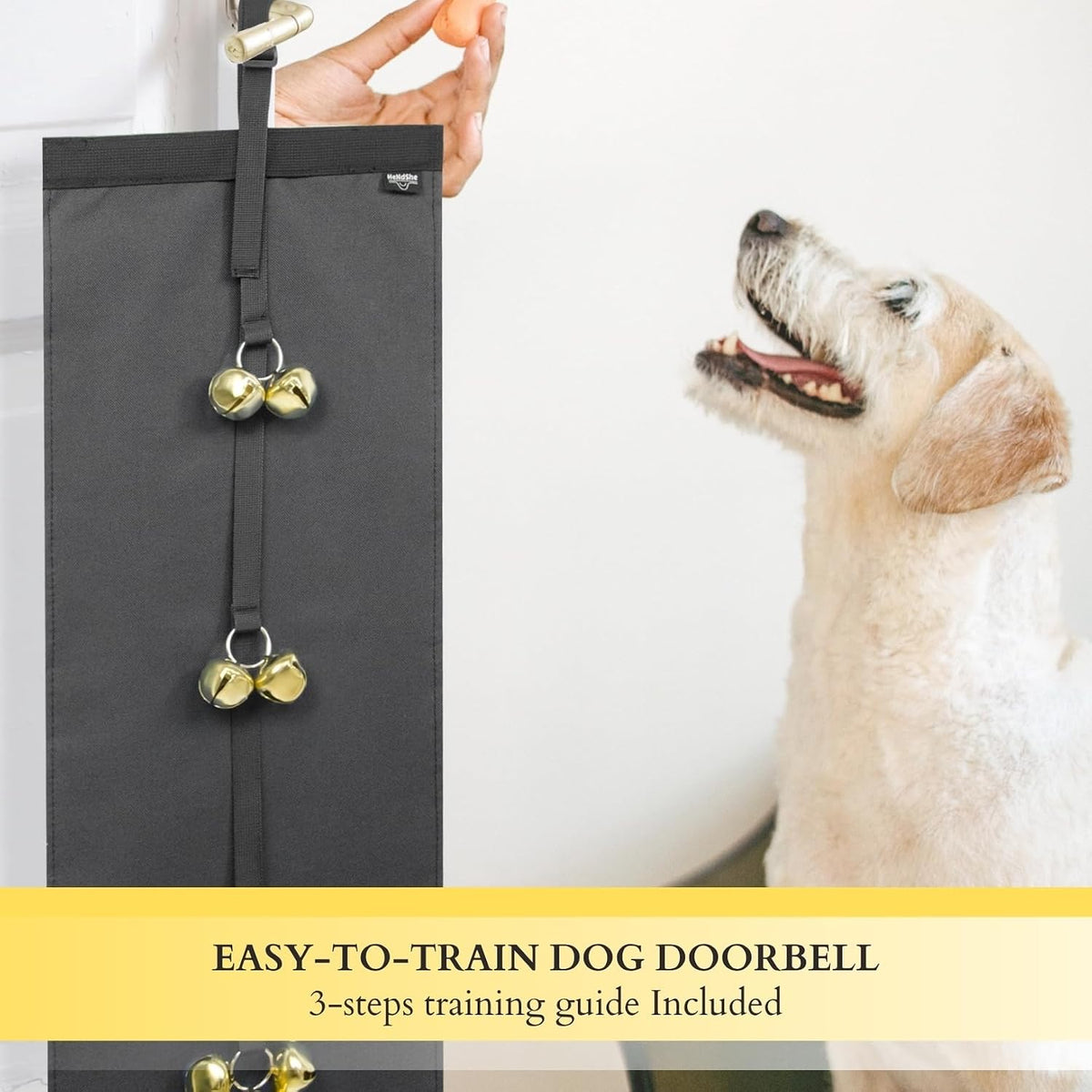 HeNdShe hanging doorbell showing full length for puppy training