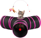 Love's Cabin Cat Tunnel for Indoor Cats, 3-Way Collapsible Play Tunnel with Teaser Wand, Peek Holes & Toy Ball, Small Pet Toy for Kittens & Rabbits, Black & Blue, Small Size - Image 11