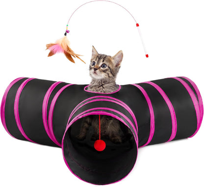 Love's Cabin Cat Tunnel for Indoor Cats, 3-Way Collapsible Play Tunnel with Teaser Wand, Peek Holes & Toy Ball, Small Pet Toy for Kittens & Rabbits, Black & Blue, Small Size - Image 11