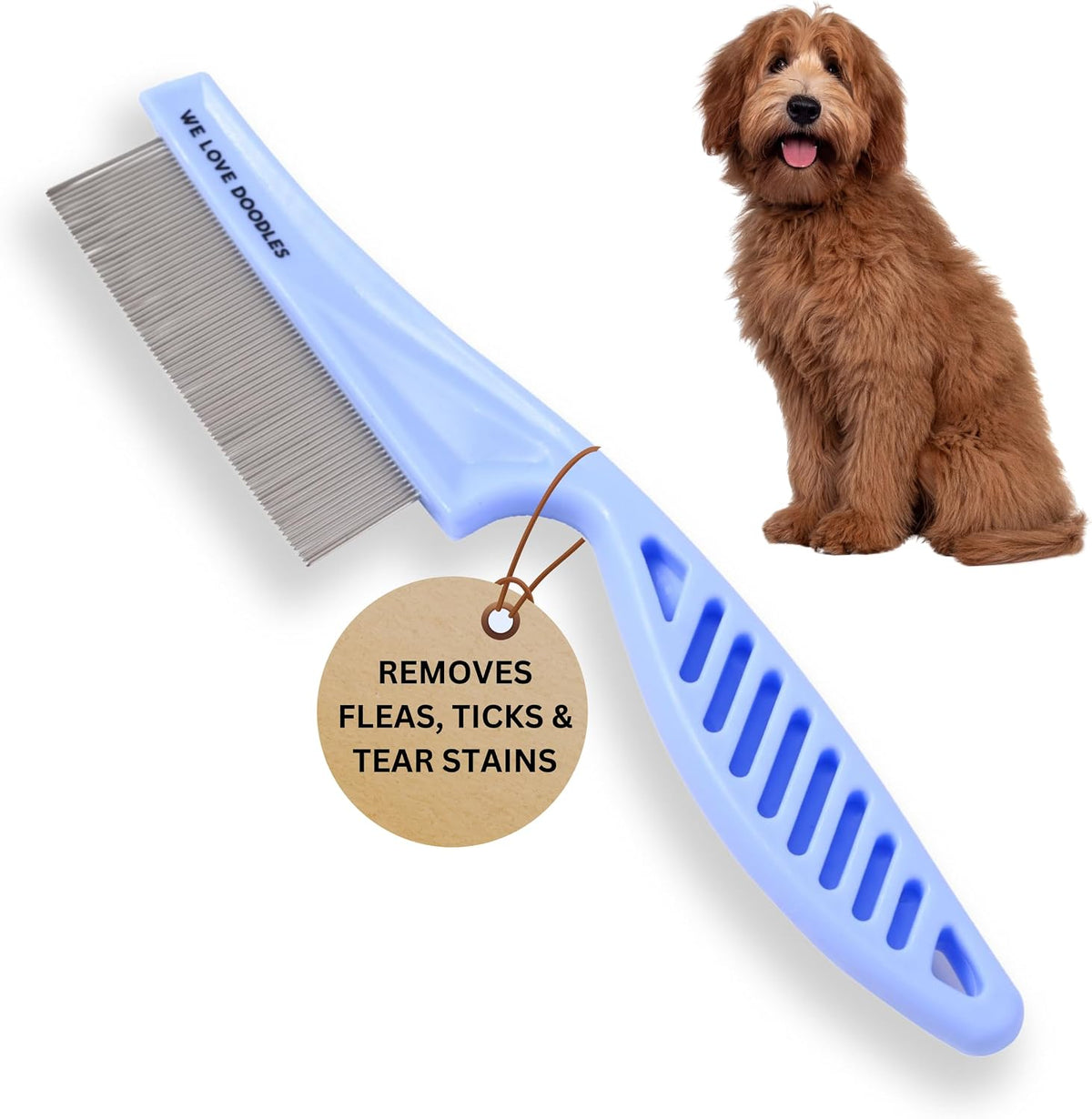 A detailed angle of the ergonomic handle on the We Love Doodles fine tooth flea comb.