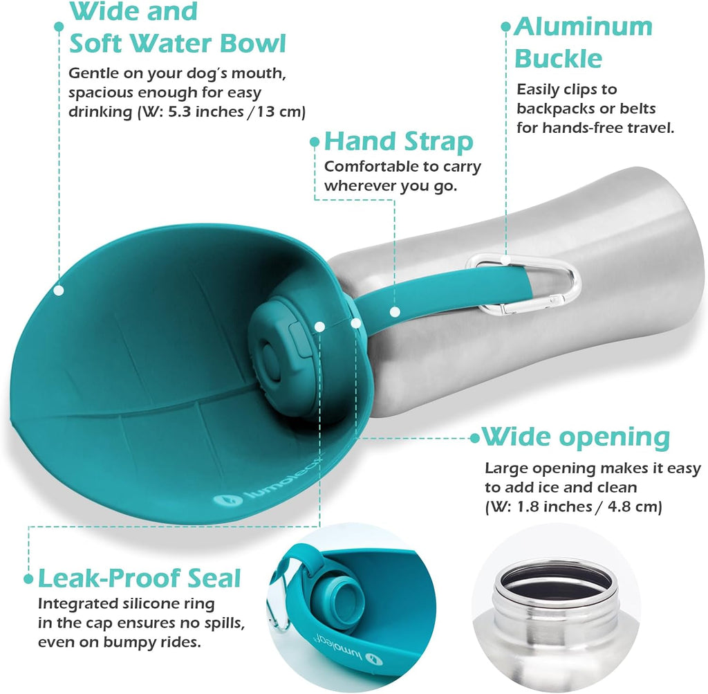 LumoLeaf portable water bowl for large dogs attached to a backpack with a carabiner