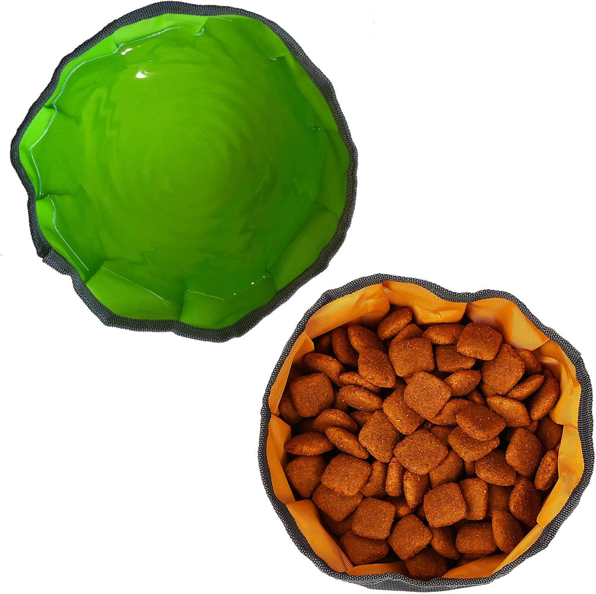 Two pack of YMETECH orange and green collapsible travel bowls flat packed for outdoor camping
