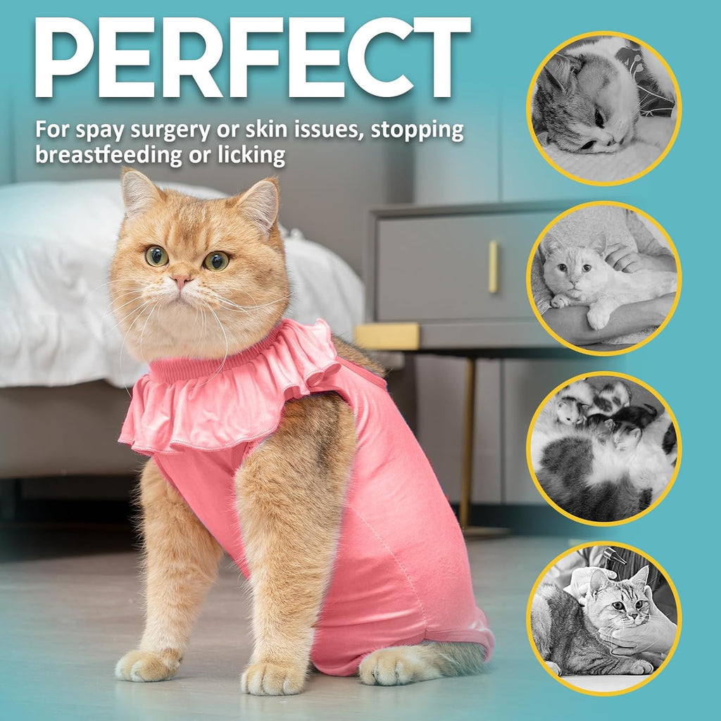 Avont pink cat recovery body suit showing the breathable modal fabric
