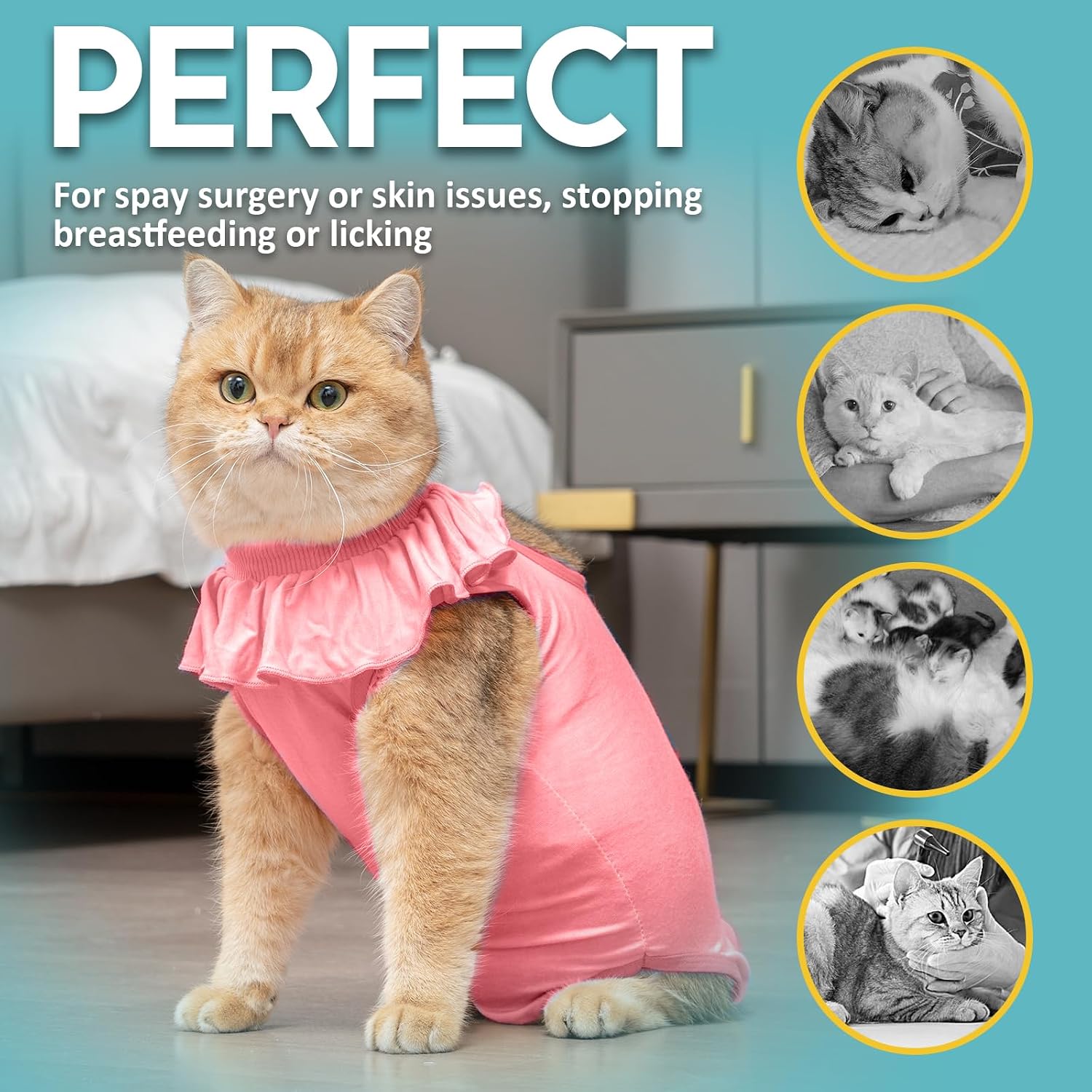 Avont pink cat recovery body suit showing the breathable modal fabric