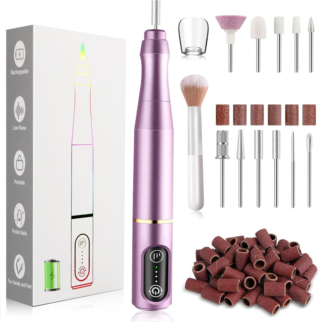 Tuobeo cordless electric nail drill front view with purple metallic body and accessories.