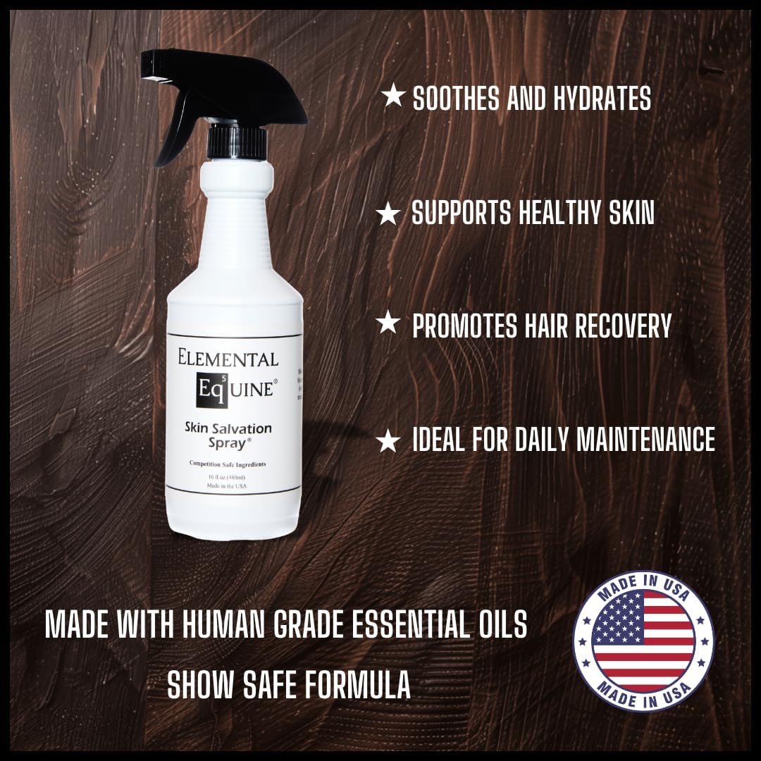 Close up of Elemental Equine topical horse spray for tail rubbing and scurf management.