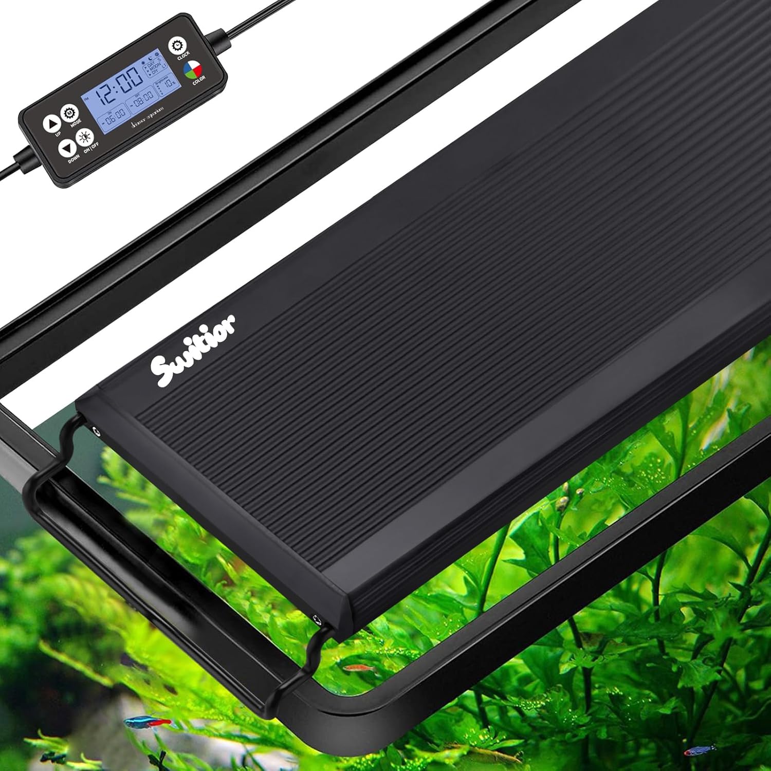 Switior 24/7 LED aquarium light fixture showing full spectrum illumination over a planted fish tank.