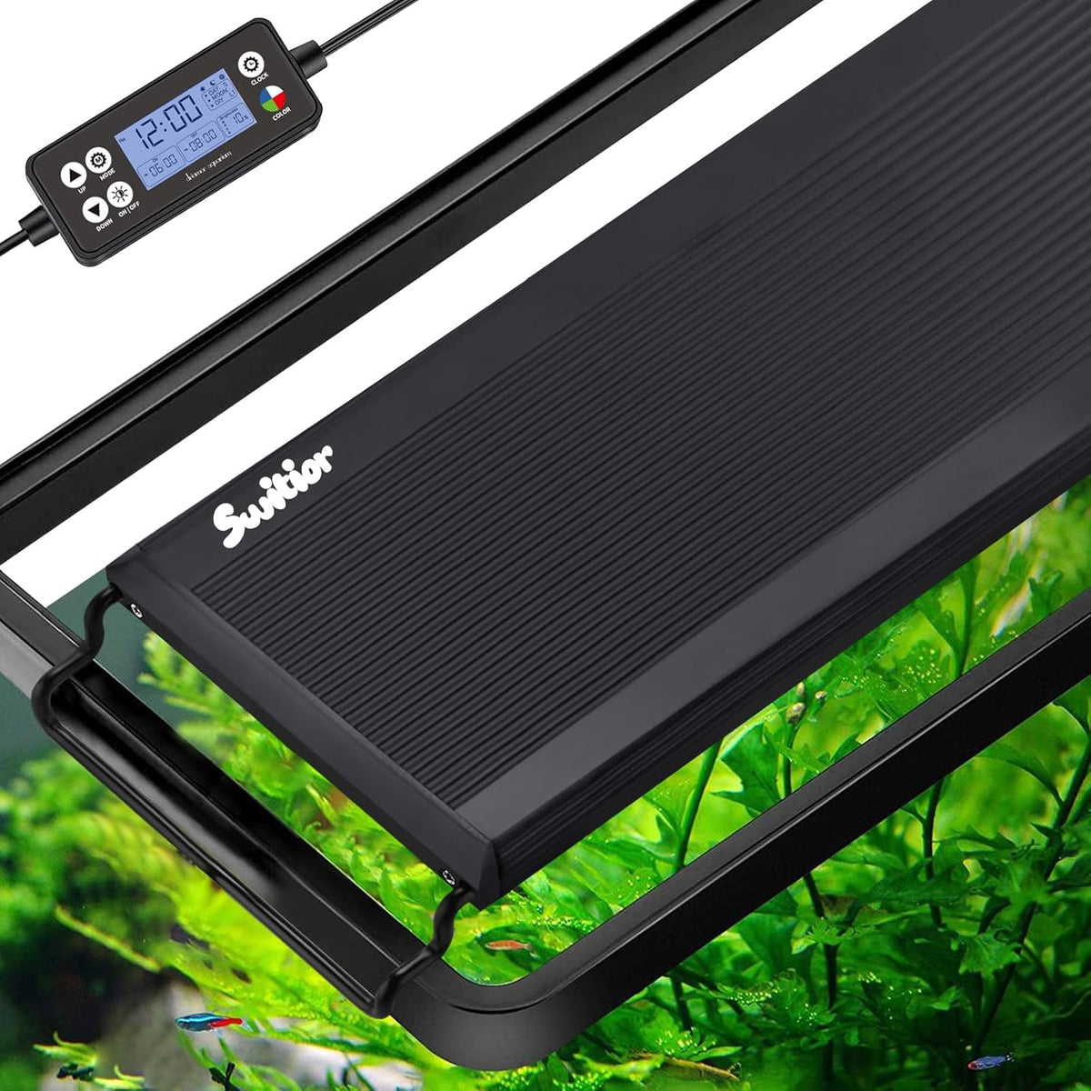 Switior 24/7 LED aquarium light fixture showing full spectrum illumination over a planted fish tank.